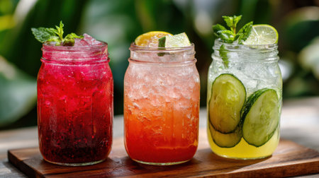 Colorful beverages in glass jars highlighting fruits and herbs on a bright sunny day outdoors.の素材