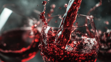 A rich stream of red wine is poured into crystal glasses creating lively splashes.の素材