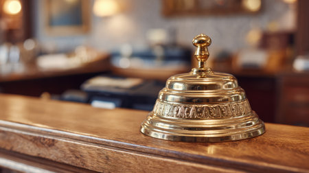 A shiny brass bell sits atop a wooden reception desk inviting guests to check in during a sunny afternoon.の素材