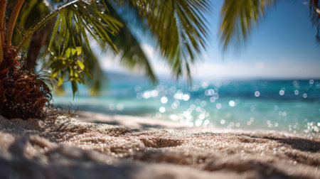 Sandy shore sparkles under sunlight as gentle waves caress the beach framed by palm trees.の素材