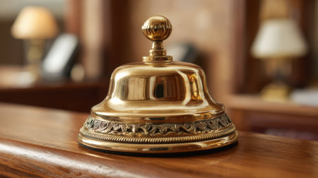 A glaming brass reception bell sits on a wooden counter inviting guests to check in or inquire.の素材