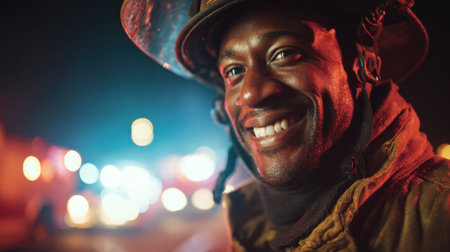 A firefighter smiles confidently while emergency lights flash in the background showing bravery.の素材
