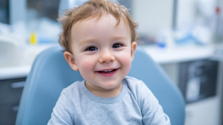 A cheerful toddler sits in a dentist chair grinning widely while visiting the pediatric dentist.の素材