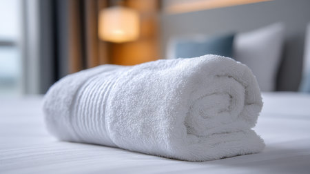 A fresh rolled towel is placed on a neatly made bed inviting guests to relax and unwind after arrival.の素材
