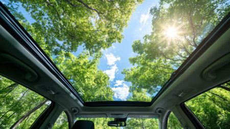 Bright sunlight shines through lush green leaves above viewed from inside a car with a sunroof.の素材