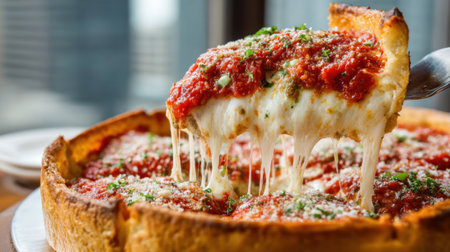 A slice of deep dish pizza is lifted showcasing melted cheese and vibrant tomato sauce topped with herbs.の素材