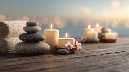 Candles flicker softly beside smooth stones and folded towels creating a serene waterfront atmosphere.の素材