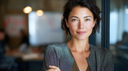 A confident woman stands with crossed arms in a bright office exuding professionalism and poise.の素材