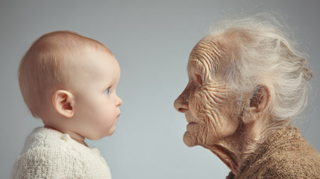 A baby gazes curiously at an elderly woman showing a bond that transcends time.の素材