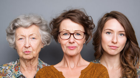 Three women of different ages stand side by side representing joy wisdom and beauty across generations.の素材
