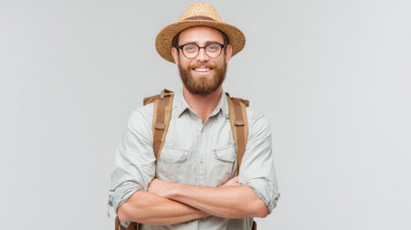 Man stands confidently with a backpack and hat smiling as he prepares for outdoor adventures.の素材