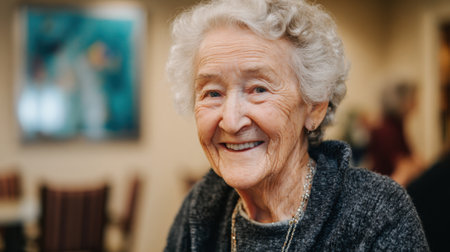 Joy fills the room as an elderly woman shares a warm smile amidst friends in a cheerful gathering.の素材