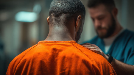 A counselor supports a client in an orange jumpsuit showing compassion and understanding in a correctional facility.の素材