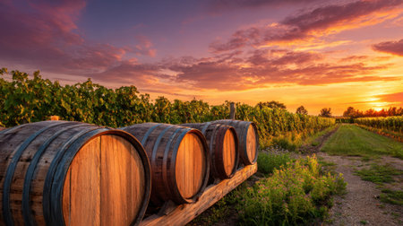 Warm light bathes the vineyard at sunset highlighting wooden barrels amidst lush greenery.の素材