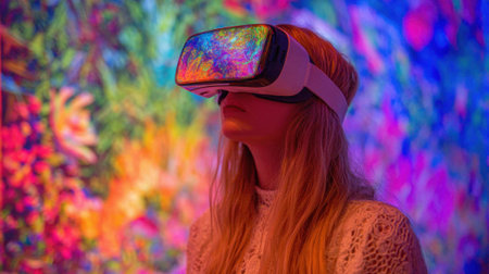 A person in a long sleeve white top explores a colorful virtual reality exhibit featuring vivid artwork.の素材