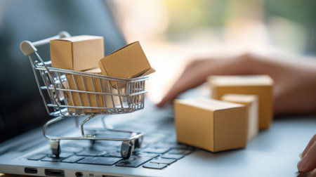 Person engages in online shopping with small packages in a cart on a laptop emphasizing convenience.の素材