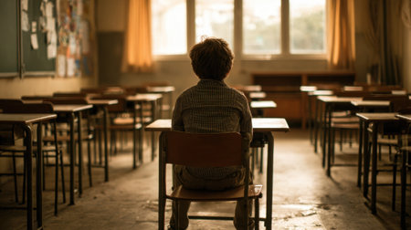 A young child sits alone at a desk in a quiet classroom as sunlight streams through windows.の素材