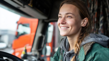 A cheerful woman sits confidently in a truck cabin ready to hit the road and deliver goods.の素材