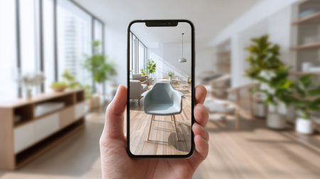 A person holds a smartphone showing a stylish chair in a bright modern living room filled with greenery.の素材