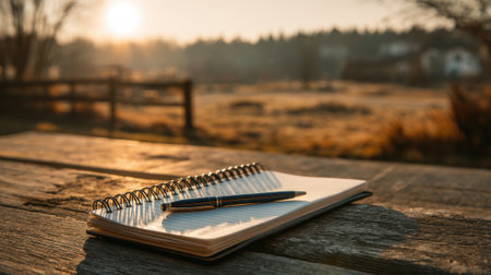 Soft sunlight illuminates an empty notebook and pen on a wooden table in a peaceful countryside setting.の素材
