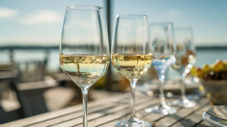 Someone enjoys a glass of white wine while relaxing at a lakeside table during sunset.の素材