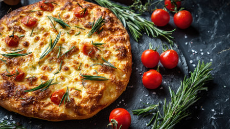 Warm flatbread topped with melted cheese fresh tomatoes and aromatic herbs ready to be enjoyed.の素材
