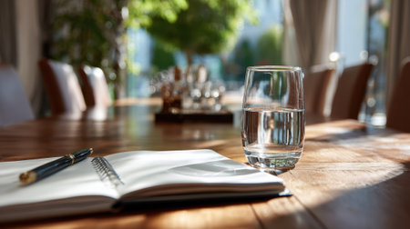 A clear glass of water sits beside an open notepad on a wooden table in a sunny meeting room.の素材
