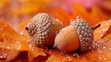 Two acorns lie on vibrant orange leaves shimmering with tiny droplets of water in the warm light.の素材