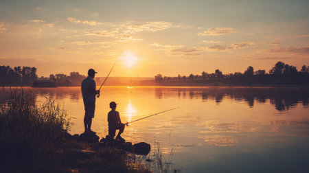 Two people fish quietly by a calm lake as the sun sets painting the sky with warm colors.の素材