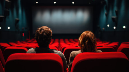 Two people sit together in red seats waiting patiently for the film to begin.の素材