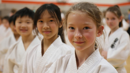Young karate students stand in line displaying their uniforms and commitment to learning martial arts.の素材