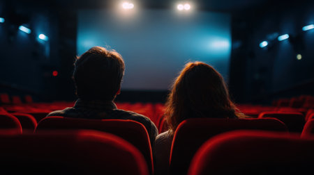 A couple sits side by side in a cozy theater surrounded by empty red seats.の素材