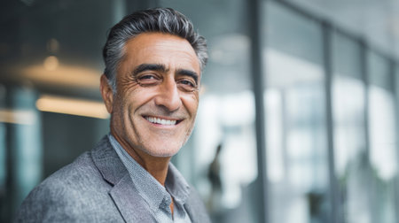 A cheerful man with gray hair stands confidently in a modern office exuding warmth and professionalism.の素材