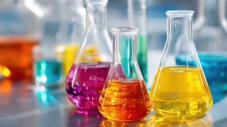Colorful glass containers hold vibrant liquids showcasing a lively scene of scientific exploration.の素材
