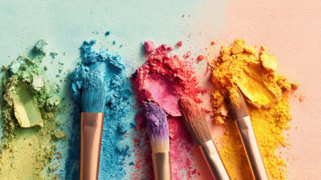 Vibrant cosmetic powders in various shades are spread alongside makeup brushes on a soft backdrop.の素材