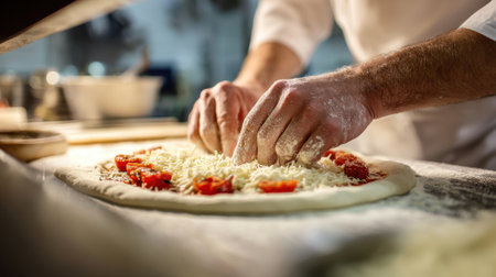 Skilled hands spread cheese and tomatoes on a dough base in a warm kitchen setting.の素材