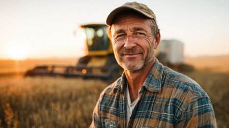 A cheerful farmer enjoys the evening light as he stands near his tractor in the harvest season.の素材