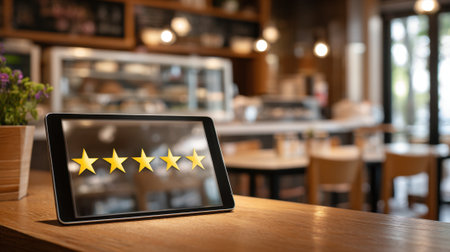 A tablet displays five golden stars in a charming cafe highlighting customer satisfaction and quality service.の素材