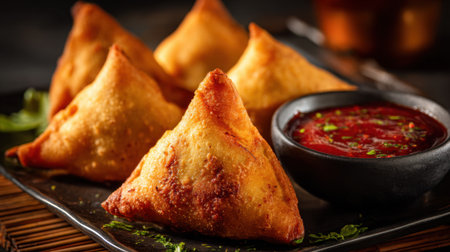 Crisp samosas sit on a dark plate alongside a rich spicy dipping sauce ready to enjoy.の素材