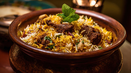 A colorful bowl of biryani highlights tender meat fragrant rice and fresh herbs in an inviting setting.の素材