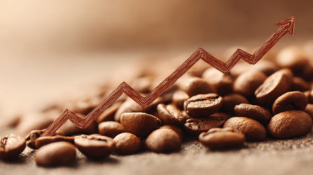 Coffee beans scattered on a surface with growth trends illustrated capturing market dynamics.の素材