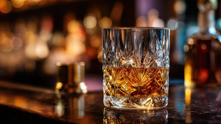 A crystal glass filled with amber whiskey sits on a polished bar countertop creating a warm atmosphere.の素材