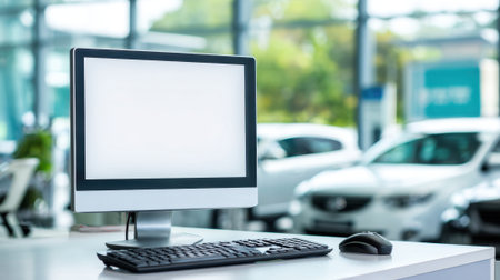 Sleek computer setup at a car dealership awaits customers for inquiries and transactions.の素材
