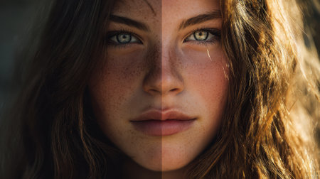 A captivating display of contrasting beauty with one side featuring fair skin and the other showing deeper tones alongside unique features.の素材