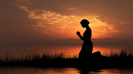 A peaceful scene unfolds as a person kneels in prayer by the water silhouetted against a stunning sunset.の素材
