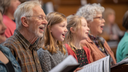 People of all ages sing joyfully together sharing smiles and music in a cozy choir setting.の素材