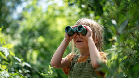 Young child eagerly uses binoculars to discover wildlife in a vibrant forest full of greenery.の素材