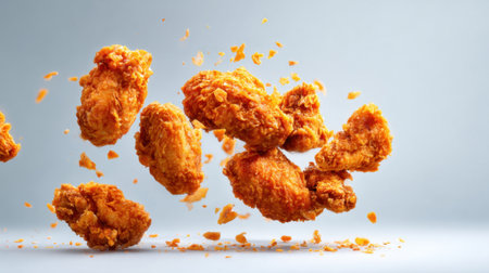 A feast for the eyes as fried chicken wings float radiating crunch and savory goodness in daylight.の素材