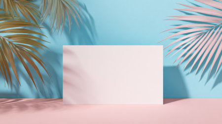 A tranquil setup with a plain canvas resting on a pink surface surrounded by delicate leaves.の素材