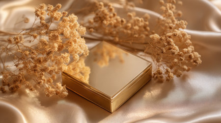Golden box placed on soft shiny fabric with dried flowers nearby creates a serene and calming atmosphere.の素材